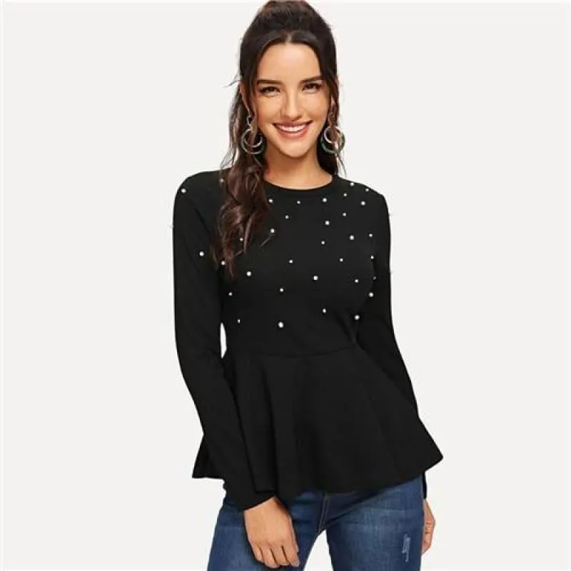 Pearls Beaded Solid Peplum Top Black Blouse