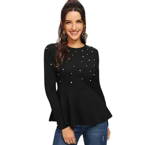 Pearls Beaded Solid Peplum Top Black Blouse