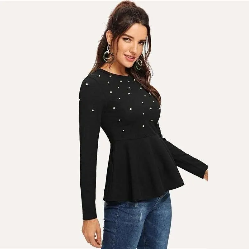 Pearls Beaded Solid Peplum Top Black Blouse