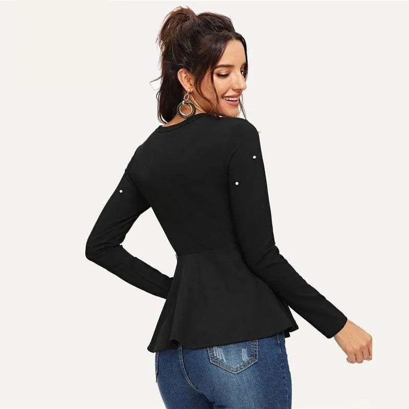 Pearls Beaded Solid Peplum Top Black Blouse