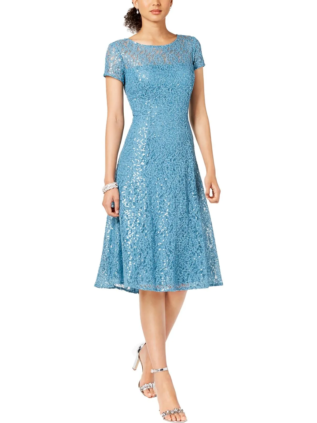 Womens Lace Sequined Midi Dress