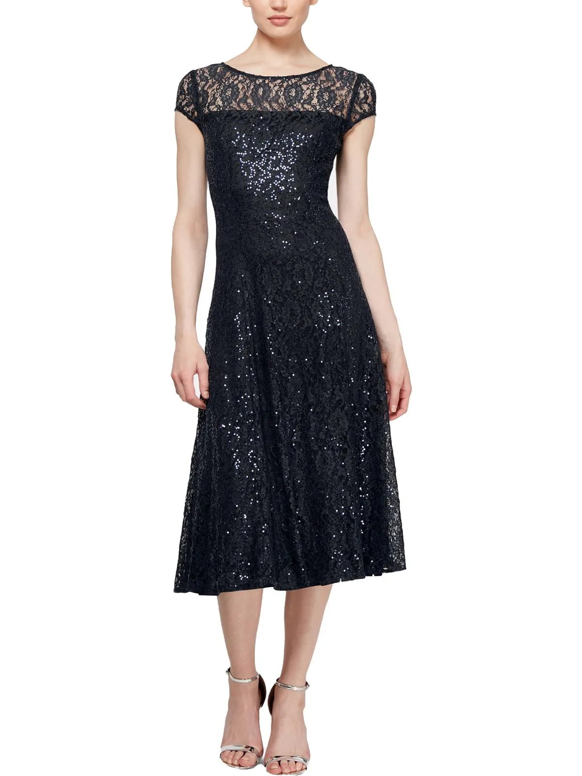 Womens Lace Sequined Midi Dress