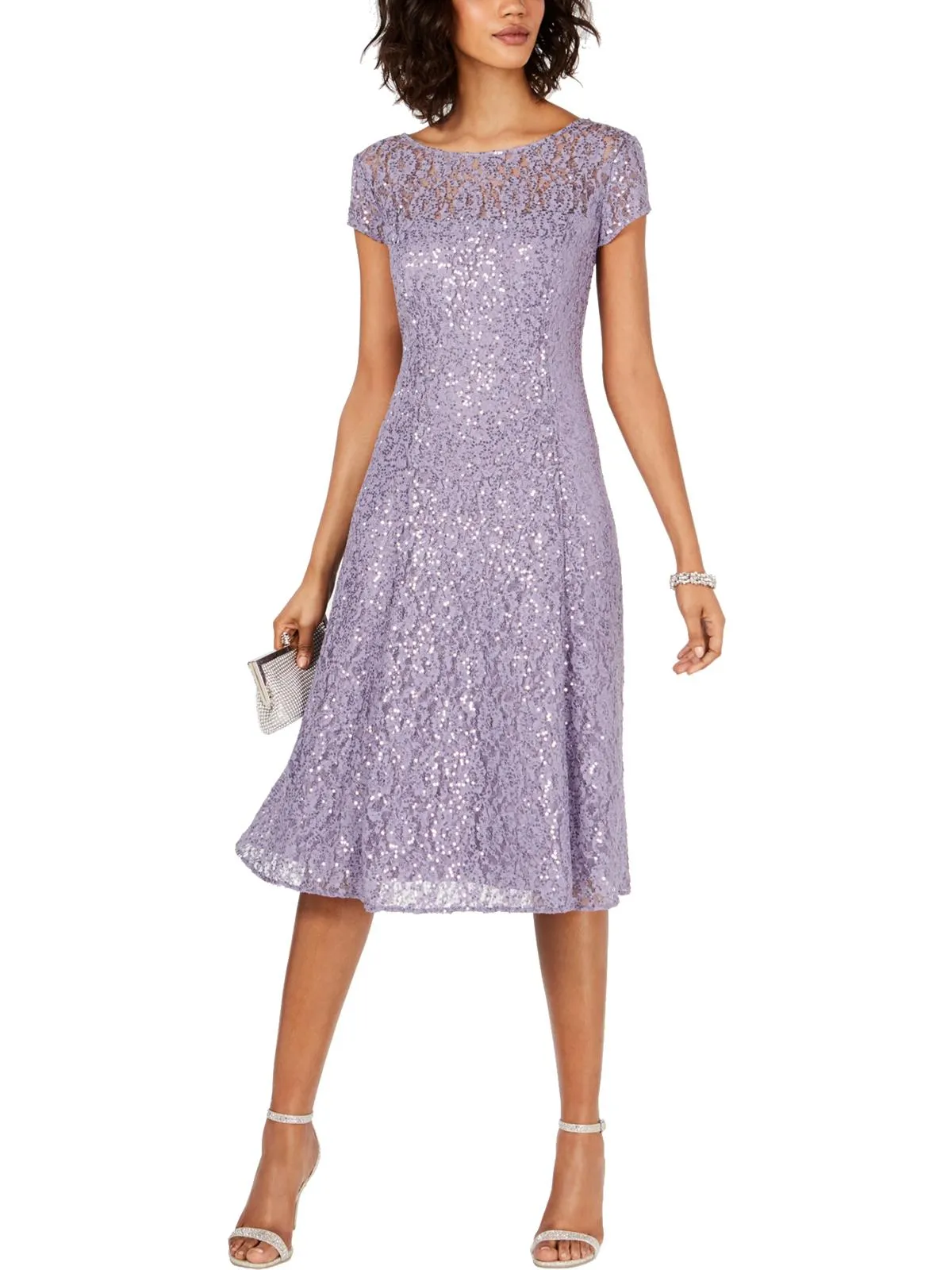 Womens Lace Sequined Midi Dress
